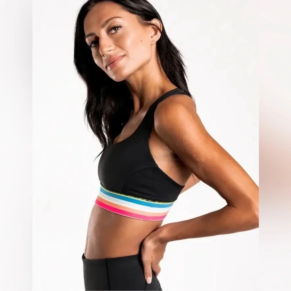 New IVL Collective Rainbow Stripe Sports Bra Size 10 L Black Maize Crossback